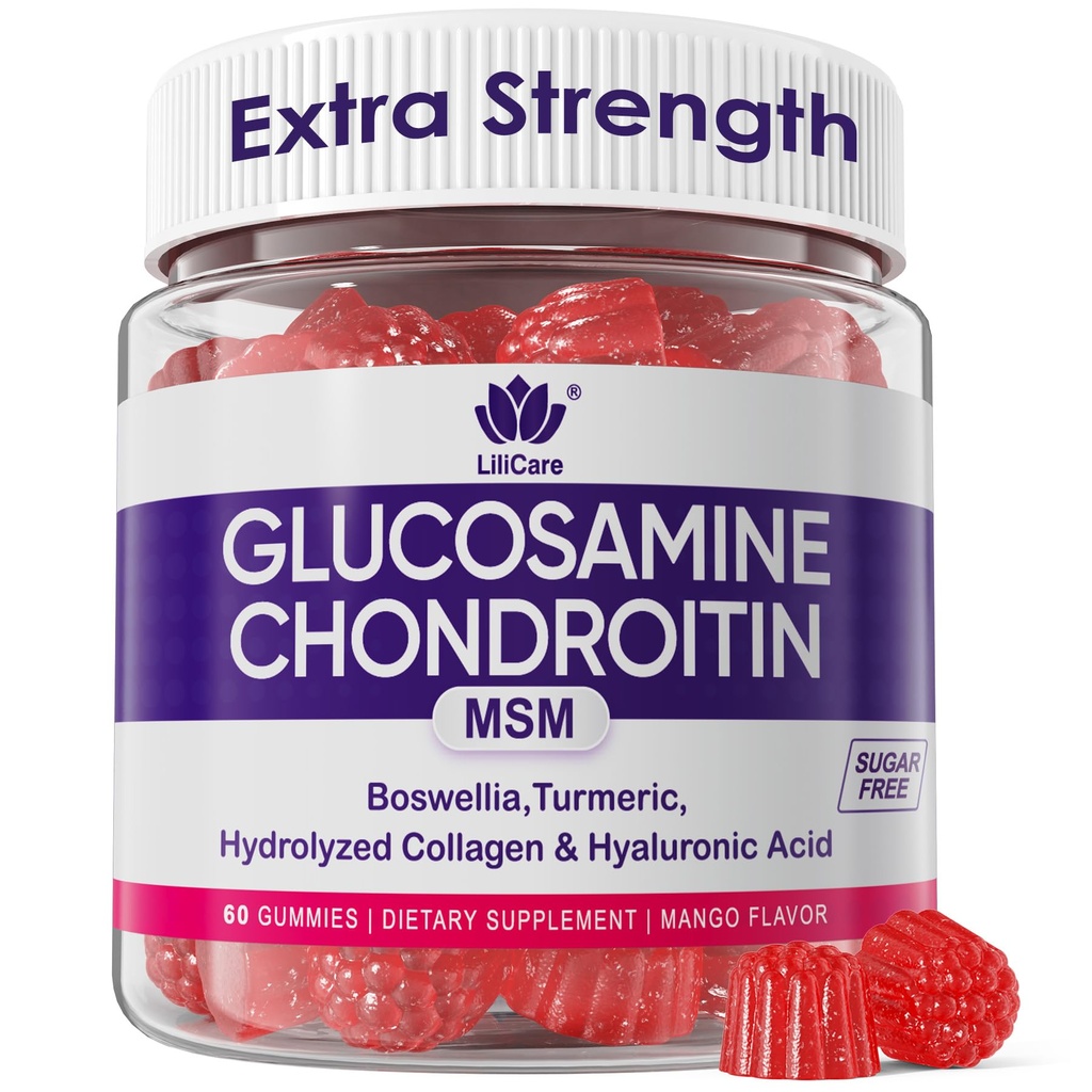Glucosamine Chondroitin Gummies, Suikervrij Glucosamine Chondroitin MSM Supplement, Extra sterkte met Boswellia Kurkuma, Gehydrolyseerd Collageen & Hyaluronzuur, Botgezondheid voor mannen & vrouwen, 60 Ct