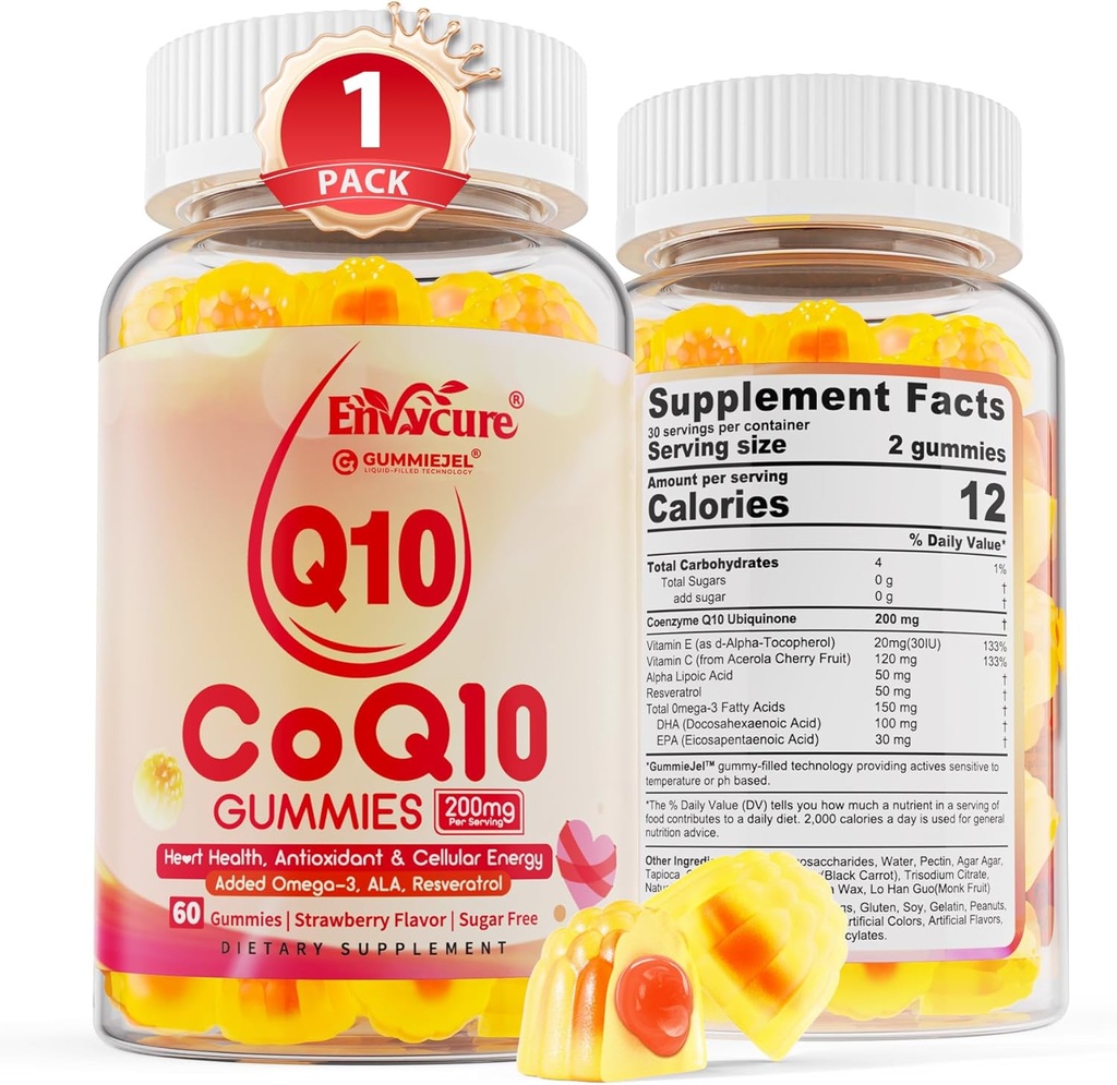 Suikervrij CoQ10 200mg Gevulde Gummies, 5X Better Absorptie CoQ10 w/Resveratrol, Alpha Lipoïnezuur, Omega-3, Vitamine E, C, Co-enzym Q10 voor Cellulaire Energie, Hart, Hersenen en Antioxidant (1Pack)