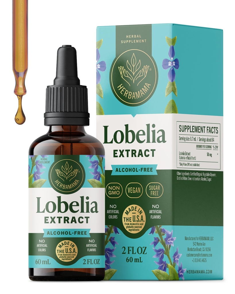 HERBAMAMA Lobelia Tinctuur - Vegan Lobelia Leaf Extract voor Lung Detox & Cleanse - Respiratory Long Support Drops - Non-GMO, Alcohol & Sugar-Free Respiratory Support Supplement