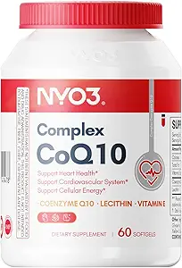 NYO3 CoQ10 120 mg met BioPerine(Zwarte Peper), Co-enzym Q10 met Vitaminen E, Ultra Hoge Absorptie Antioxidant Ondersteuning voor Hart Gezondheid, Glutenvrij, 30 dagen Levering