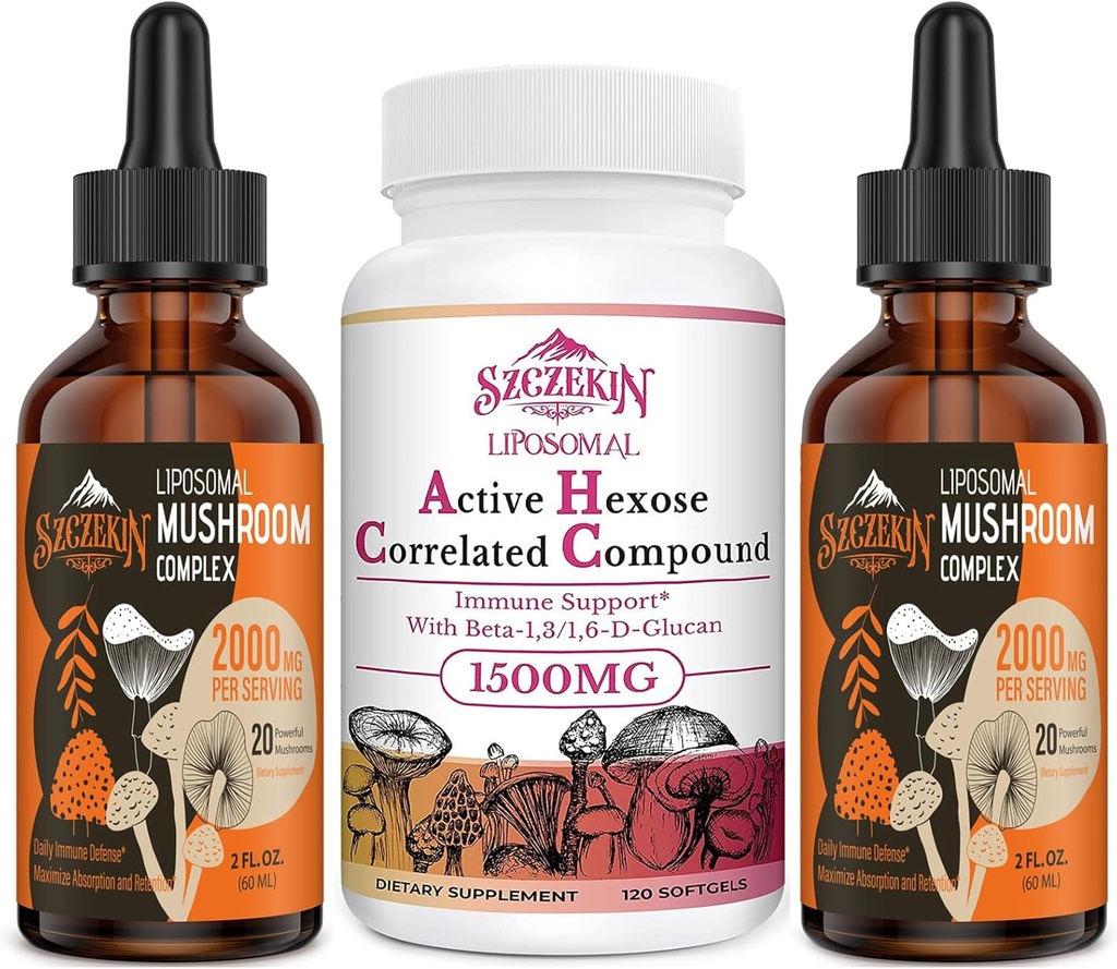 1500 MG Liposomal Active Hexose Correlated Supplement 120 SoftGels Bundel met 2000 MG Liposomal Mushroom Complex Drops 60 Servers
