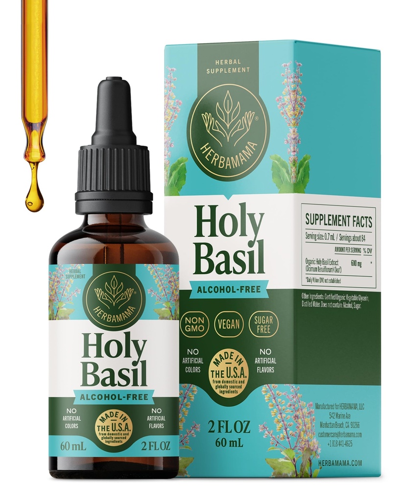 HERBAMAMA Holy Basil Supplement - Mood Support Supplement | Tulsi Holy Basil • Stress Support • Non-GMO • Alcohol & Sugar-Free • Vegan • Liquid Formula • 42-Day Supply • 2 fl oz