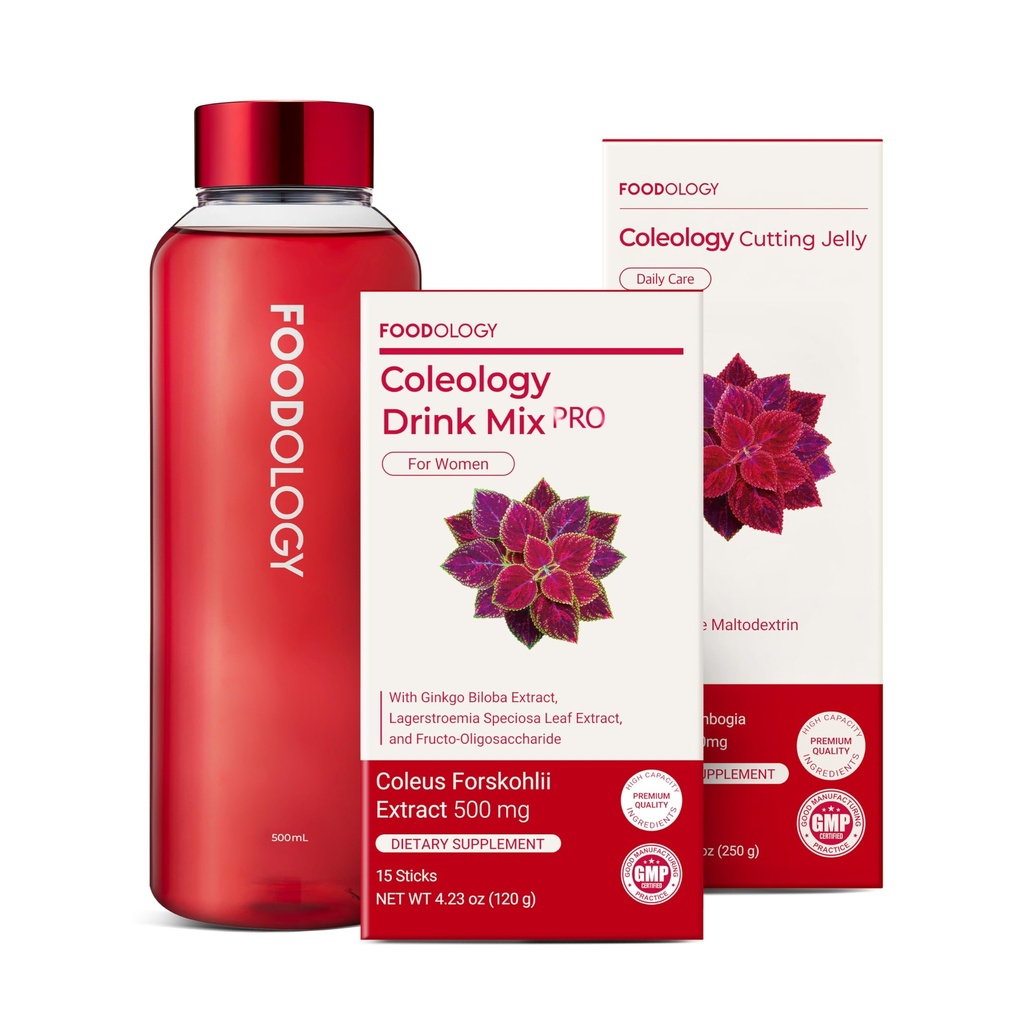 FOODOLOGY Coleology Cutting Jelly + Drink Mix PRO with Red Bottle Set | Prebiotic Fiber, Gut Health & Metabolism Support | Daily Pomegranate Wellness Duo with BPA-Free Portable Bottle | Korean Dietary