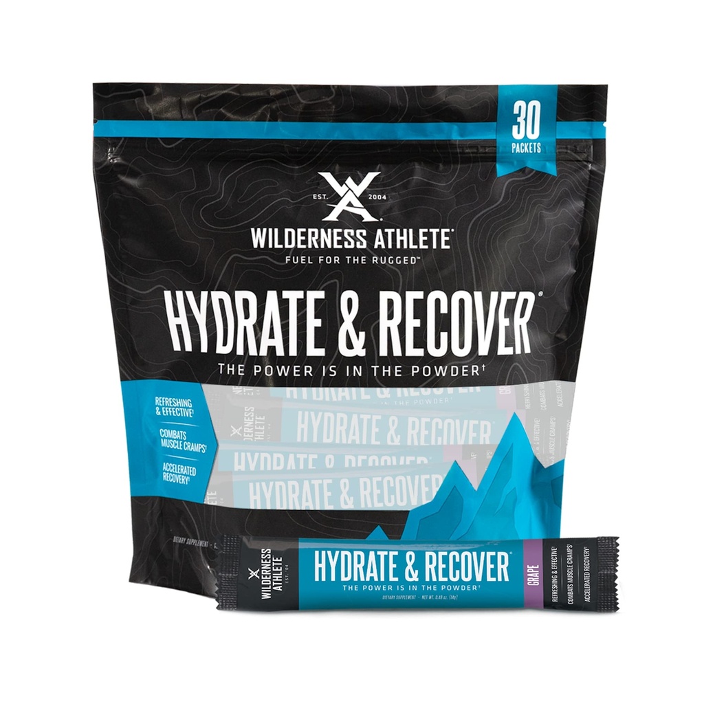 Wilderness Athlete - Hydrate & Recover | Liquid Hydration Packets Electrolyte Drink Mix - Recover Faster with Bcaas - 30 Single Serving Hydrate Packets (Grape)