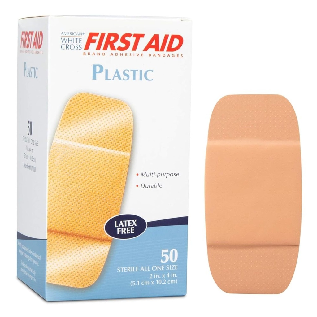 American White Cross 261846 First Aid Plastic Adhesive Bandages, Latex Free Bandages, Large Strips, 2" Width, 4" Length, Pack of 50