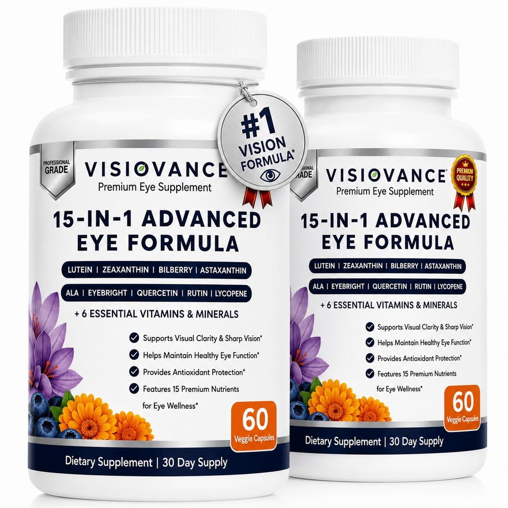 Visiovance 15 in 1 Advanced Eye Formula (2 Bottles) Visiovance Eye Supplement | Digital Eye Strain & Night Driving Clarity, All 3 Carotenoids (Lutein, Zeaxanthin), Bilberry