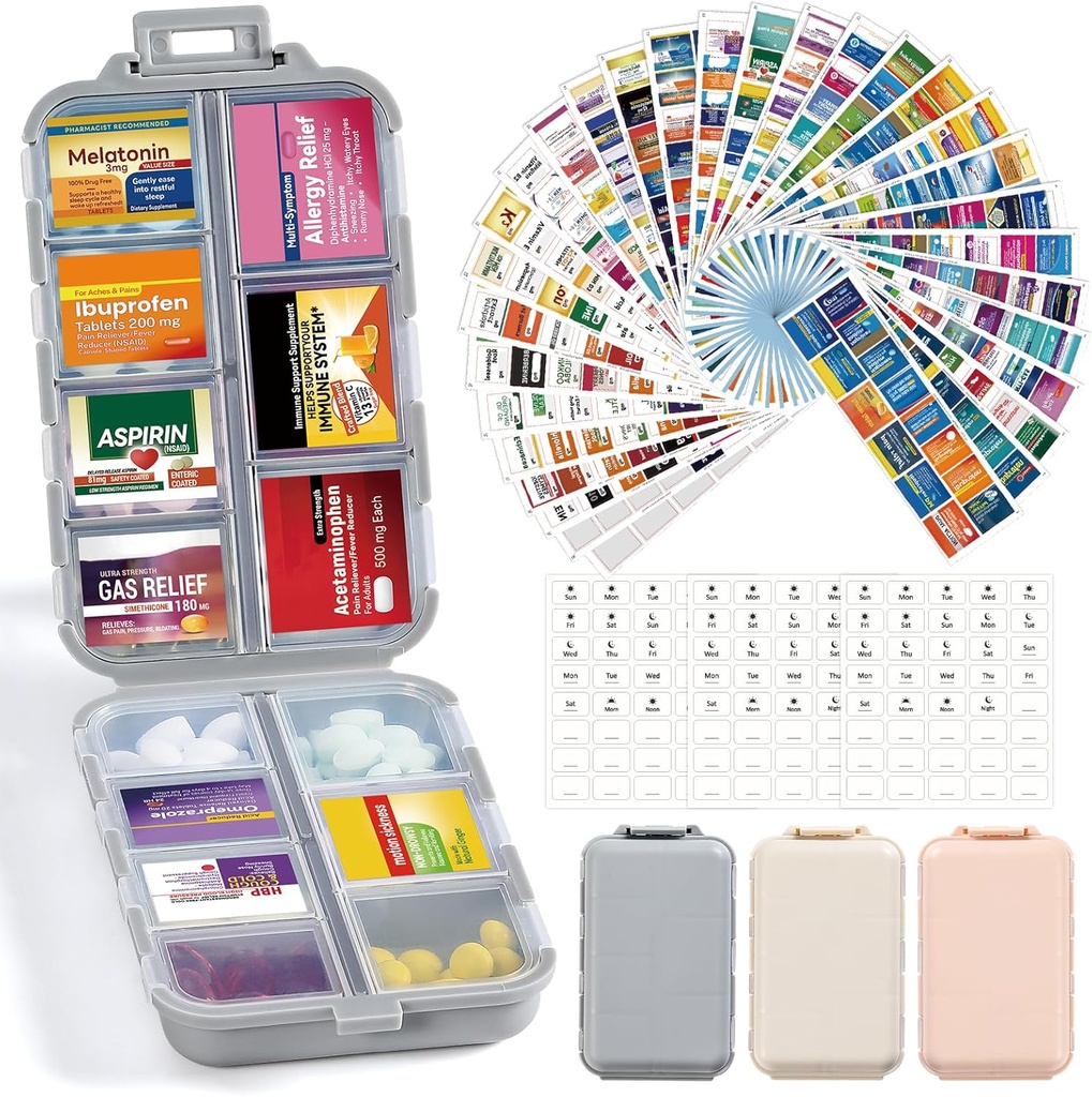 3 Pack 14 Grids Travel Pill Organizer Box with 415-Pcs Medicine Name Labels - Pocket Daily Pharmacy Case Container Kit - Travel Medication Holder Dispenser for Fish Oil Vitamin Supplement Storage