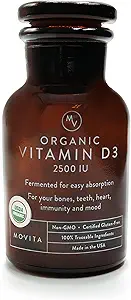 Movita Certified Organic Vitamin D3 2500IU – Supports Energy, Immune Health & Bone Strength – Fermented Whole Foods, Organic, Vegan, Gluten-Free, Non-GMO – 30-Day Supply (Glass Bottle)