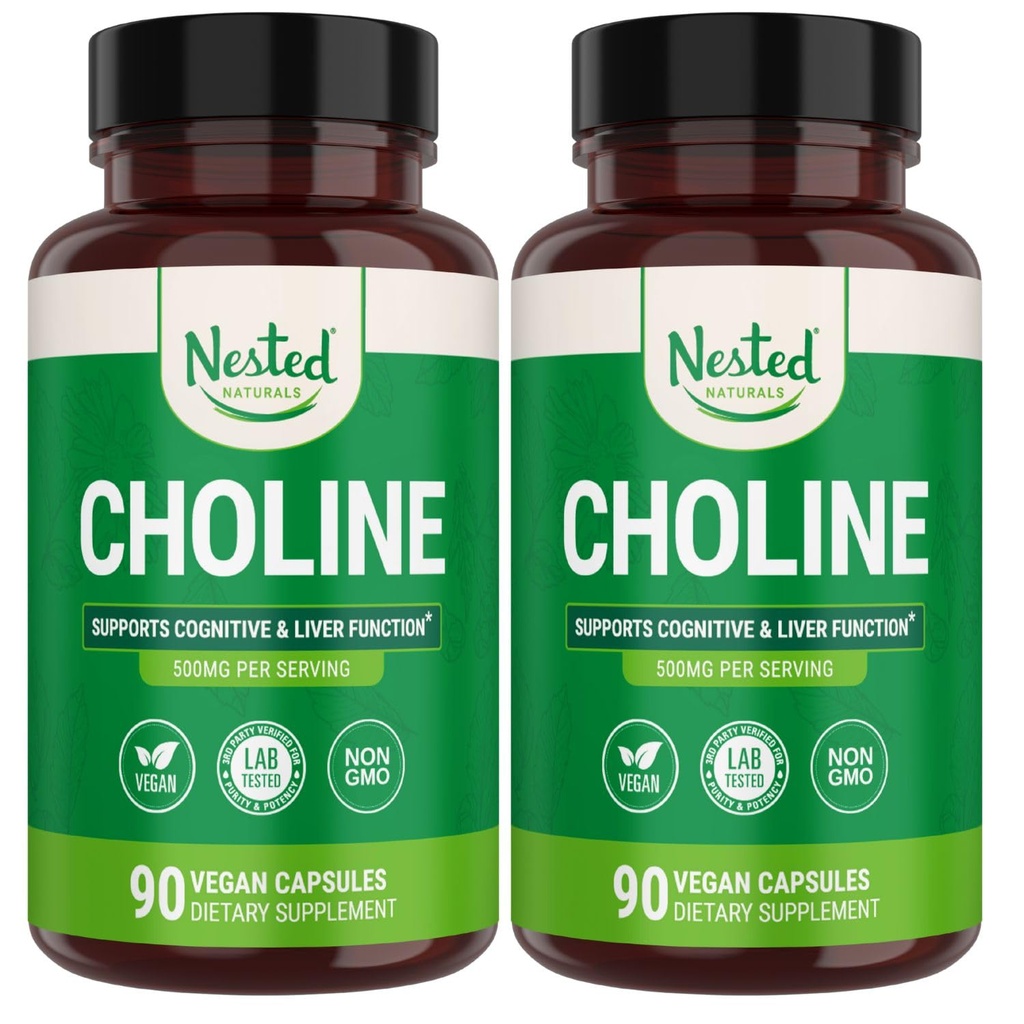 Nested Naturals Choline Bitrartrate 500mg - High Potency Choline Supplementen - Ondersteunt Moederlijke en foetusgezondheid tijdens de zwangerschap* - 100% Vegan & non-GMO - 2-pack (180 Vegan Capsules)