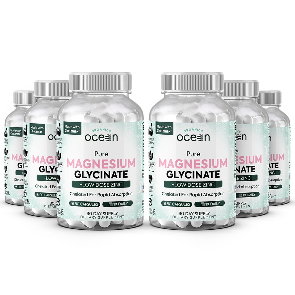 Organics Ocean Pure Magnesium Glycinate met zink - Maximale sterkte chelated Magnesium Supplement voor vrouwen en mannen voor spierkrampen en slaapondersteuning - 6 flessen