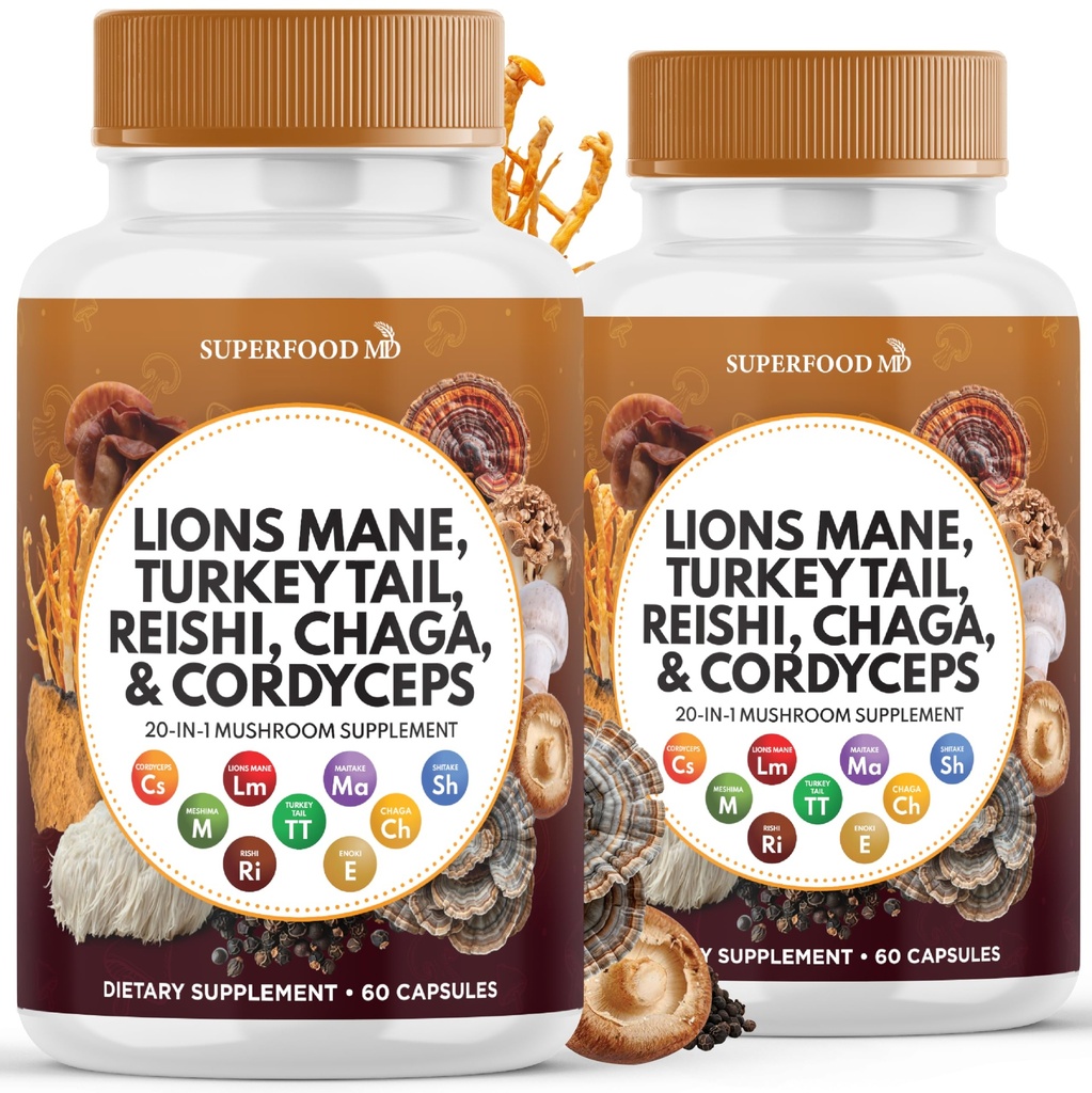 Leeuwen Mane paddo supplement met Turkije staart Reishi Cordyceps Chaga met Marshmallow Root - 120 Tellen