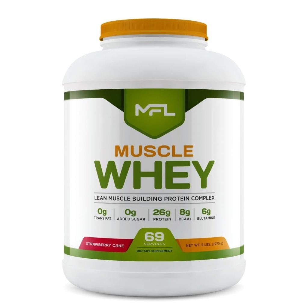 MFL Muscle Whey Protein 5 lbs l 26g of Protein l 8g BCAAs l 6g Glutamine l Low Carbs l 69 Servings (Strawberry Cake)