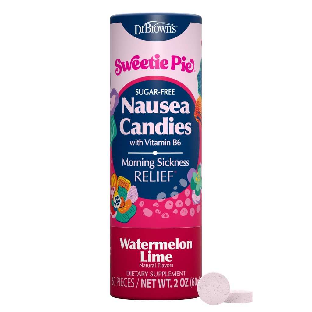 Dr. Brown's Sweetie Pie Nausea Candies, Sugar-Free Pregnancy Morning Sickness Relief with B6 Dietary Supplement, 60 pcs, 2 oz, Watermelon Lime