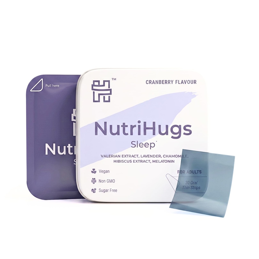 NutriHugs Sleep Aid Oral Thin Film Strips – Valerian Root, Chamomile, Lavender, Melatonin, Hibiscus & Natural Ingredients | Vegan, Sugar-Free, Non-GMO | Doctor-Formulated | 30 Strips