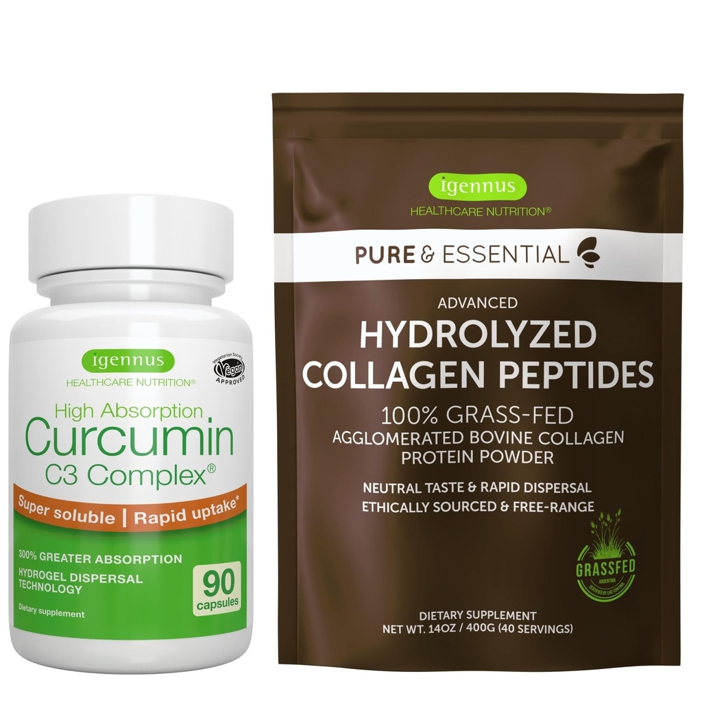 100% Grass-Fed Bovine Collagen Powder + High Absorption Curcumin C3 Complex Sport & Recovery Bundle, 300% Greater Absorption Curcuminoids with Rapid Uptake, By Igennus