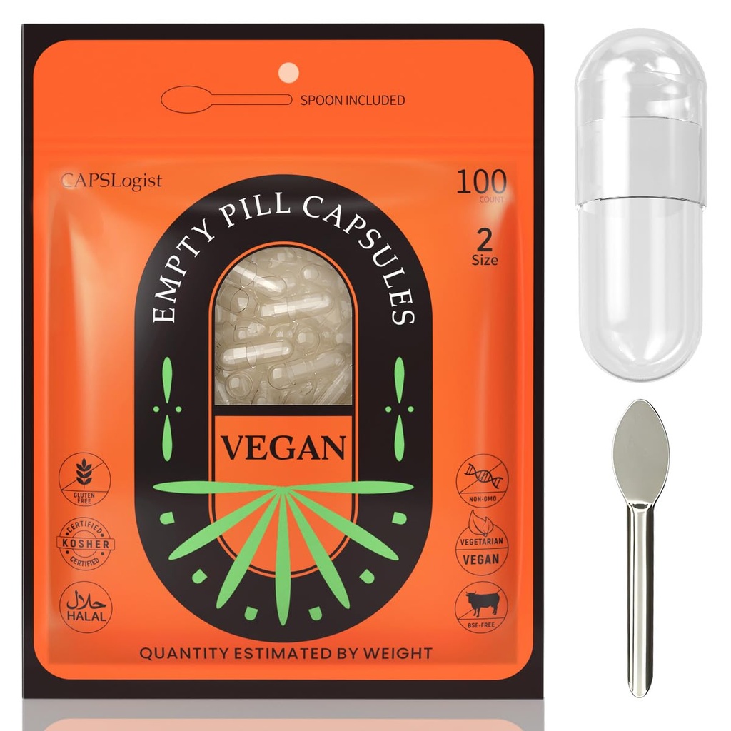 Empty Capsules Size 2, Vegan Capsules Empty Pill Capsules 100 Count with Micro Lab Spoons for Pill Capsules Filling Kit, Veggie Capsules Empty for DIY Your Own Supplements