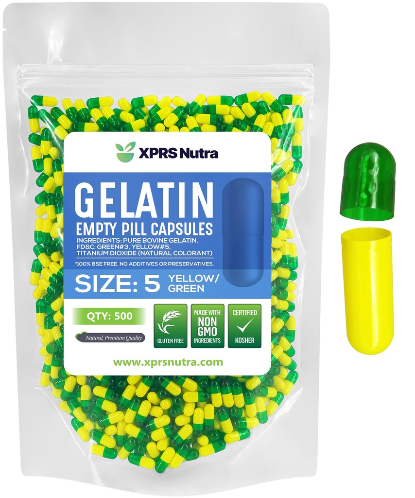 XPRS Nutra Size 5 Empty Capsules - 500 Count Very Small Empty Gelatin Capsules - Pills DIY Capsule Filling - Fillable Pill Gel Caps for Do-It-Yourself Vitamin Supplements (Green/Yellow)