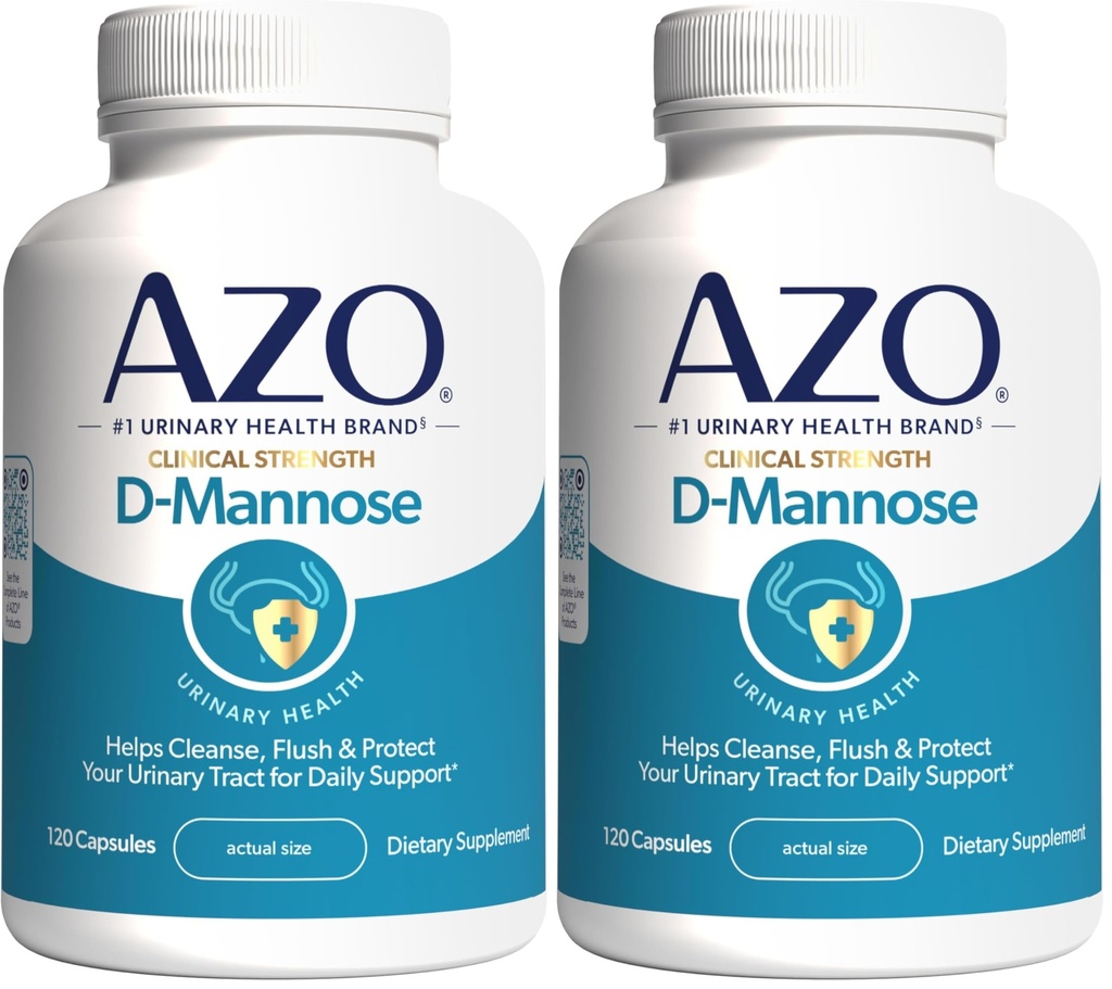 AZO D Mannose Urinaire Tract Gezondheid, Reiniging, Flush en Bescherm de urinetrekker, No.1 Apotheek Aanbevolen merk, klinische sterkte, niet-GGO, 120 Tellen (pakket van 2)