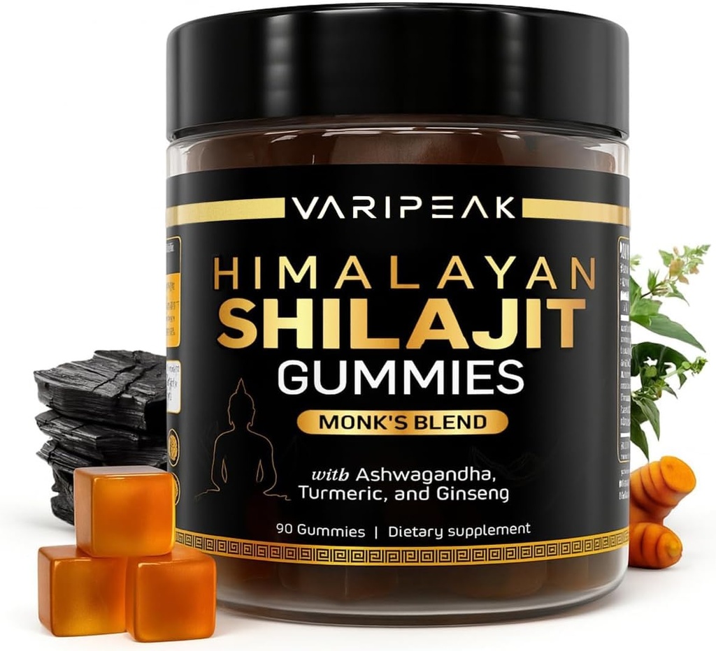 4-in-1 Biologische Himalaya Shilajit Gummies met Ashwagandha, Turmeric, & Ginseng, Adaptogen for Energy, Immunity & Vitality Support, Biologische, Veganistische, Suikervrije 