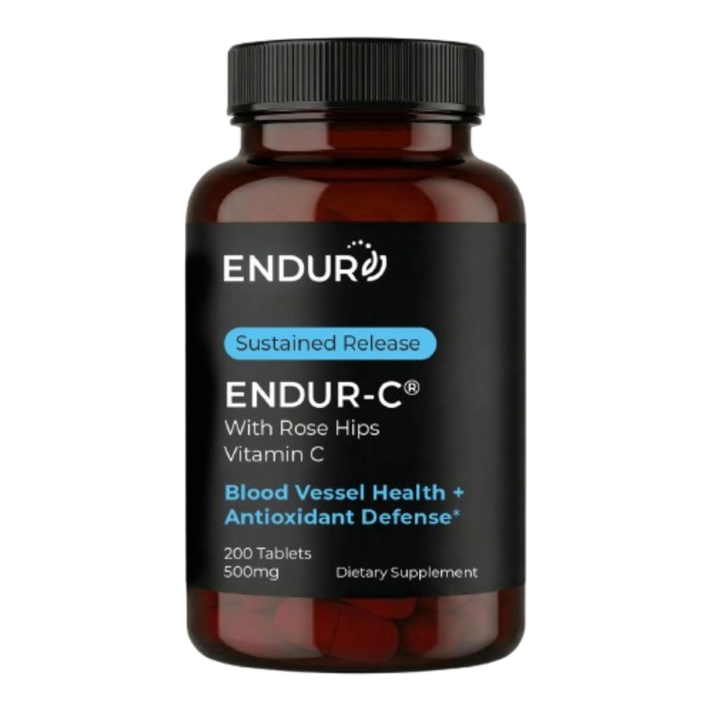 Endur ENDUR-C Vitamine C met Rose HIPS, Ondersteunt Collageen Productie, Antioxidant Bescherming & Gentle Digestie, Glutenvrij, 500mg (200 tabletten)