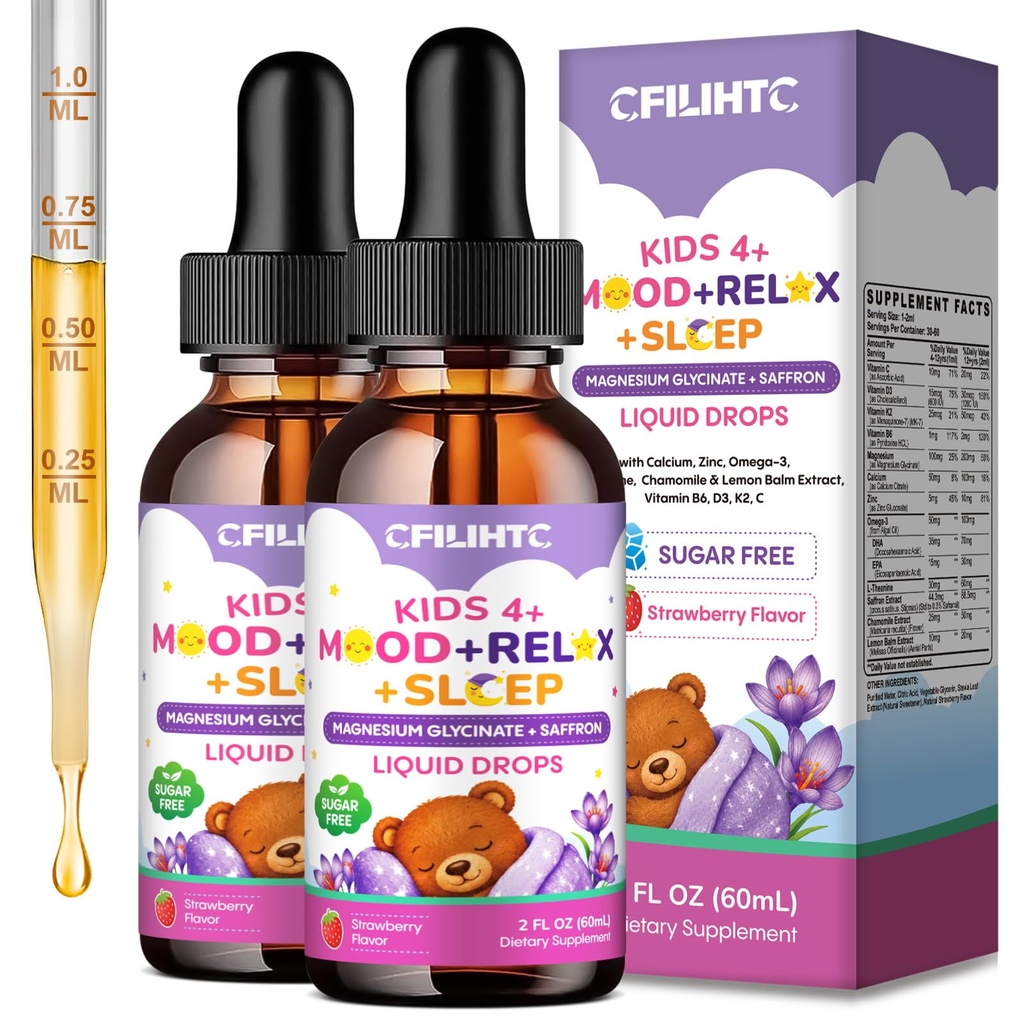 Kids Magnesium + Saffron Liquid Drops - Magnesium Glycinate Saffron for Kids with L-Theanine, Omega-3, Vitamin B6, D3, K2, Magnesium Drops for Children Mood, Relax, Sleep, Strawberry Flavor, 4 Fl Oz