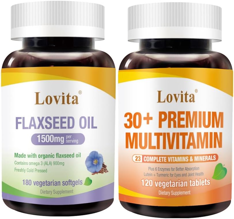 Lovita Cold-Pressed Vlaszaadolie & Premium Multivitamine voor volwassenen 30+ Nutriëntenbundel (Vegetarisch)