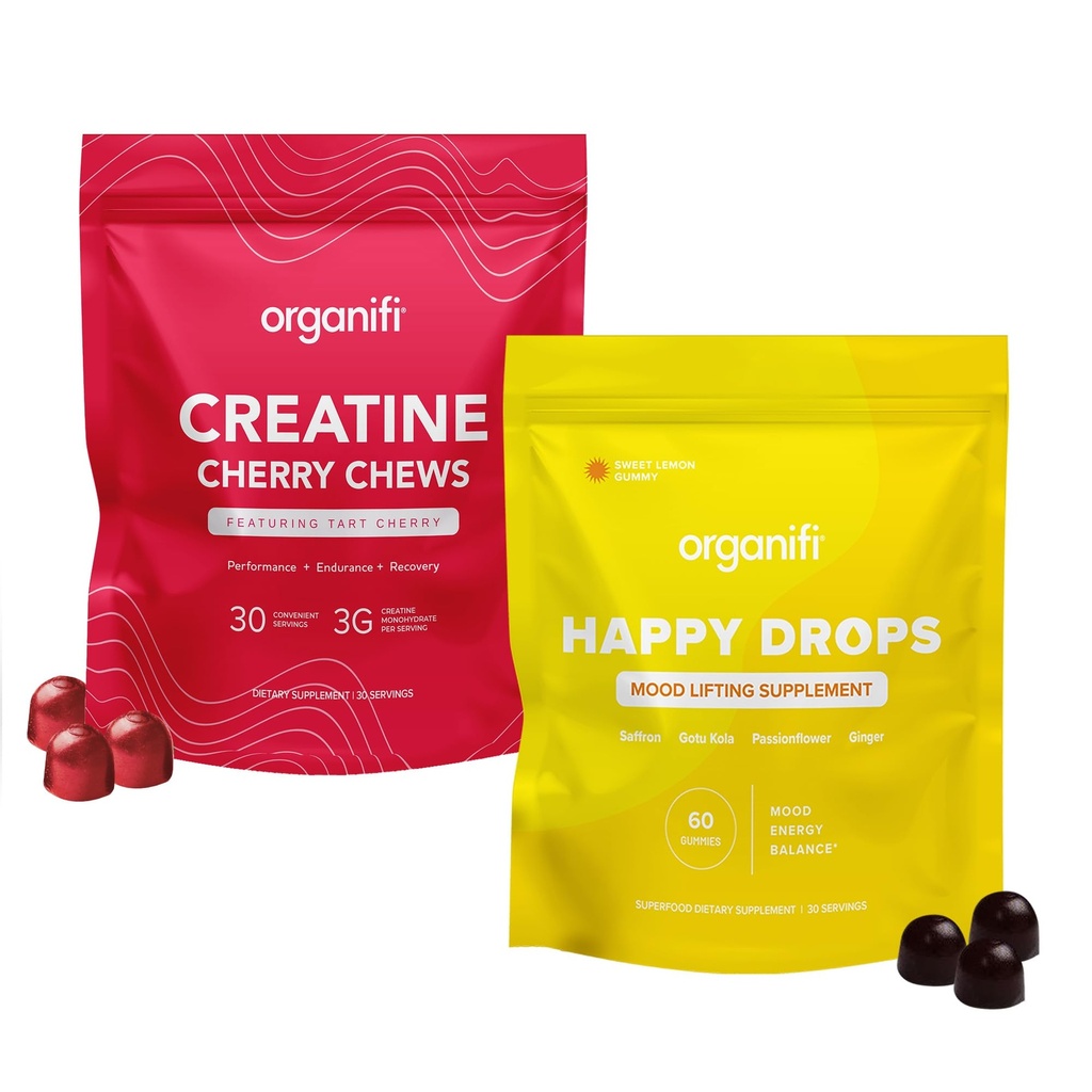 Organifi Strength and Mood Bundle - 30 Servings of Creatine Cherry Chews and Lemon Happy Drops - Delicious Creatine Monohydrate and Calming Saffron Gummies for Men and Women