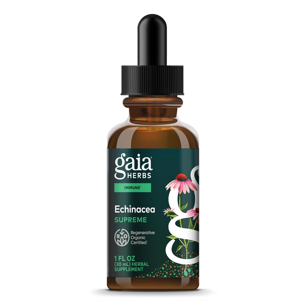 Gaia Herbs Echinacea Supreme, 1 fl oz, Regenerative Organic Certified | Herbal Immune Health Support Tincture, Purity Tested, Gluten-Free, Vegan, Non-GMO Project Verified