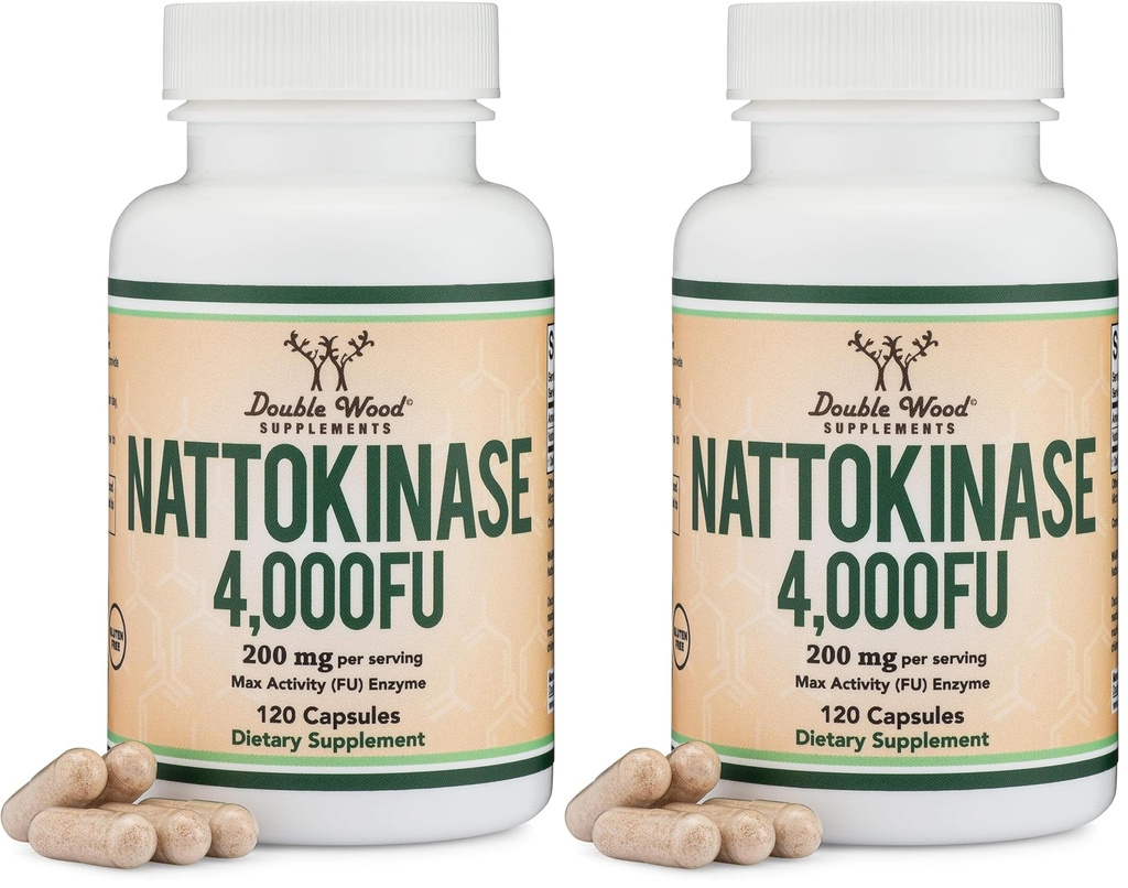 Nattokinase Supplement 4,000 FU Servings, 120 Capsules (Derived from Japanese Natto) Systemic Enzymes for Cardiovascular and Circulatory Support by Double Wood (Pack of 2)