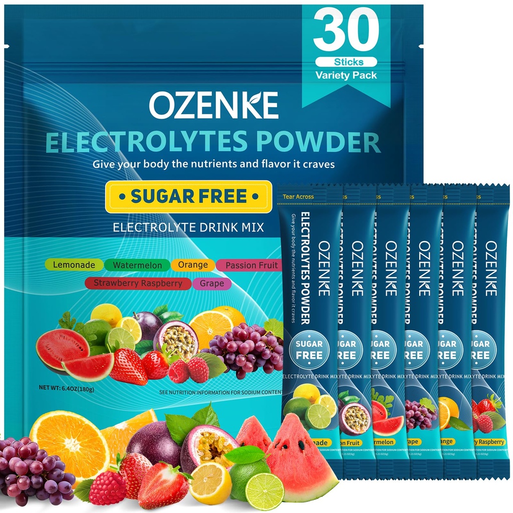 Elektrolyten Poeder Pakjes, 30 Sticks Hydration Packets Suikervrij, Electrolyte Drink Mix Travel Electrolyte Packets voor snelle hydratatie, 6 Smaken