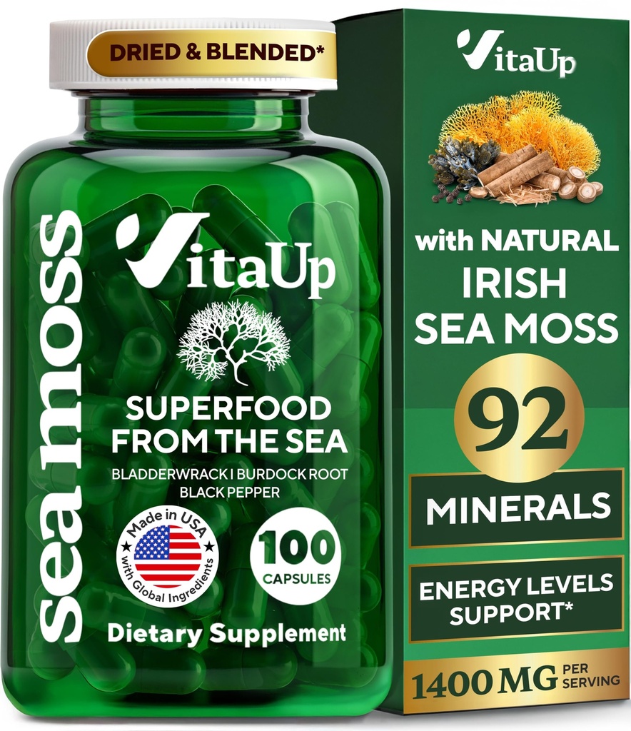 Wildcrafted Irish Sea Moss Capsules with Burdock Root & Bladderwrack - USA Made Sea Moss Advanced for Hair, Skin, Immune & Energy Levels Support - SeaMoss Pillen - 100 Vegan Capsules