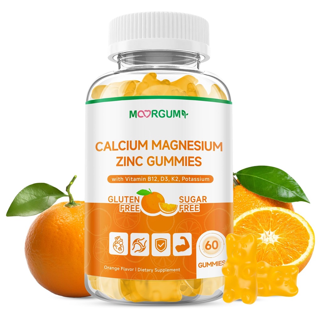 Calcium Magnesium Zinc Gummies - 1000mg Calcium with Vitamin D3, K2, B12 & Potassium 7-in-1 Supplement, Supports Bone, Immune Health & Muscle Function - Sugar-Free Orange Flavor, 60 Count