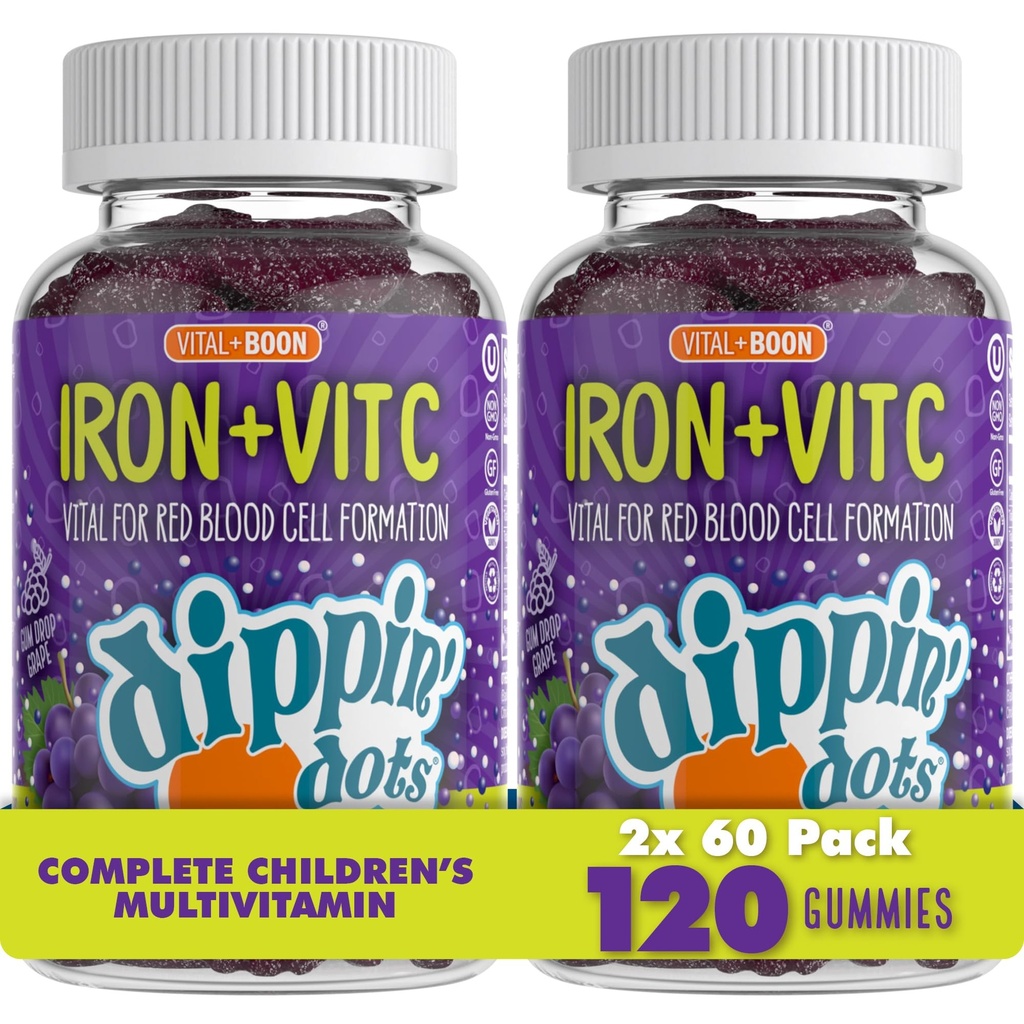 Dippin' Dots Iron Gummies for Women, Vitamin C & B12 (60ct, 2 Pack) | Gum Drop Grape iron supplement gummies with Vitamin C & B12, vital for red blood cells; vegan, gluten free, 60ct x2 pack.