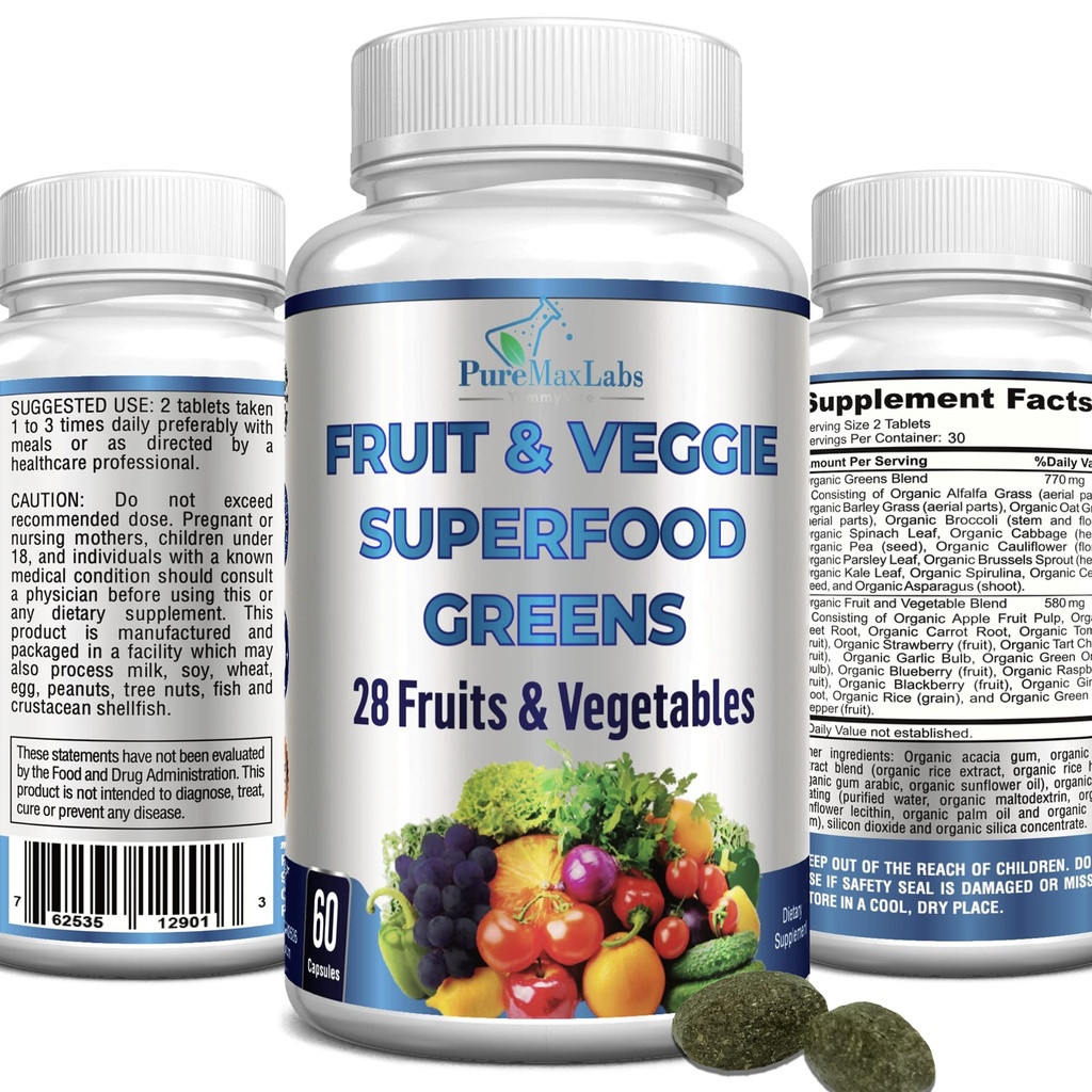 Fruit en Veggie Superfood Greens - 28 Fruit en groenten incl. Alfalfa, Gerstgras, Spirulina, Beetwortel, Tart Cherry, Geconcentreerde Natuurlijke Antioxidanten- 60 tabletten