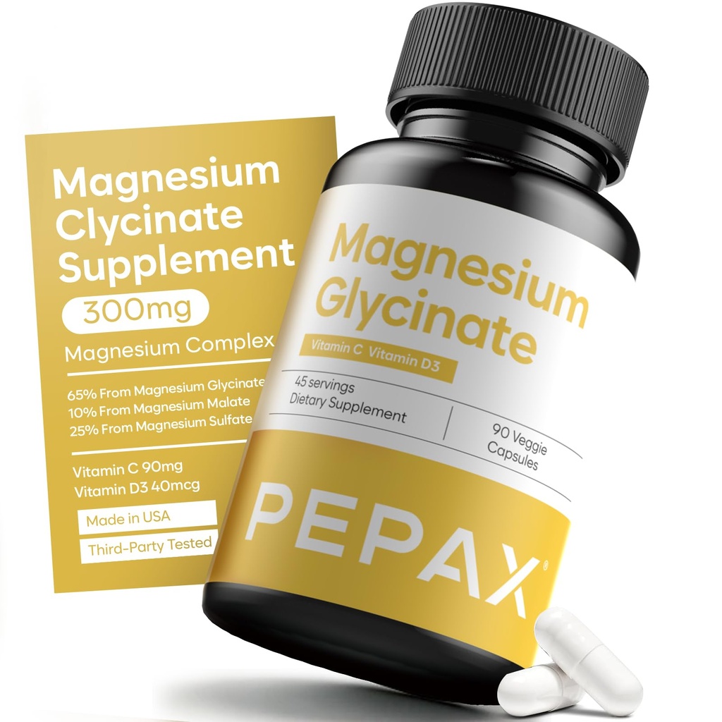 Triple Magnesium Glycinate Complex 300mg - 90 Vegan Capsules - High Absorption Magnesium Supplement with Malate, Sulfate, D3 & C, for Sleep, Muscle & Leg Cramps, Made in USA, Third-Party Tested