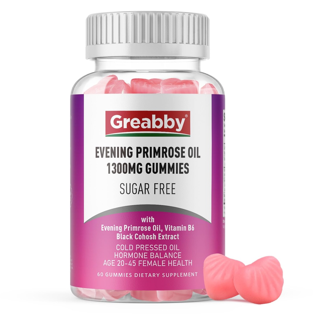 Evening Primrose Oil for Women, 1300mg, PMS Relief Supplements, 60 count | Black Cohosh & Vitamin B6 for Women 20-45, Sugar-Free, Chewable PMS Gummies, Strawberry Flavor, Vegan, Pectin