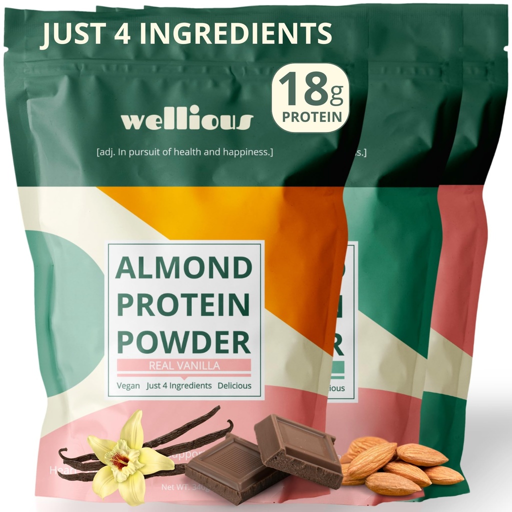 wellious Almond Protein Powder 3-pk (Vanilla, Chocolate, Unflavored) - 18 Grams of Pure Healthiest Vegan Protein Powder - Gluten-Free, Soy-Free Gut Friendly Protein for Sports Nutrition