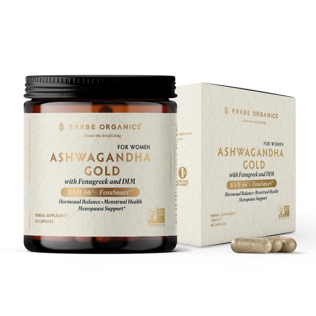 Tribe Organics Ashwagandha Gold - DIM Supplement for Women with Ashwagandha KSM-66®, FenuSmart™ Fenugreek & AstraGin - Clinical-Grade Hormone Balance, Estrogen Support & PMS Relief - 60 Vegan Capsules