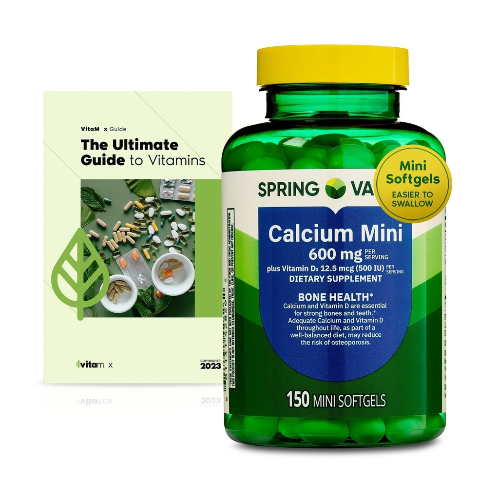 SV Calcium Plus Vitamin D3 12.5 mcg (500 IU) Mini Softgels, 600 MG, Dietary Supplement, 150 Count, 2+ Month Supply + Exclusive Vitamin Guide
