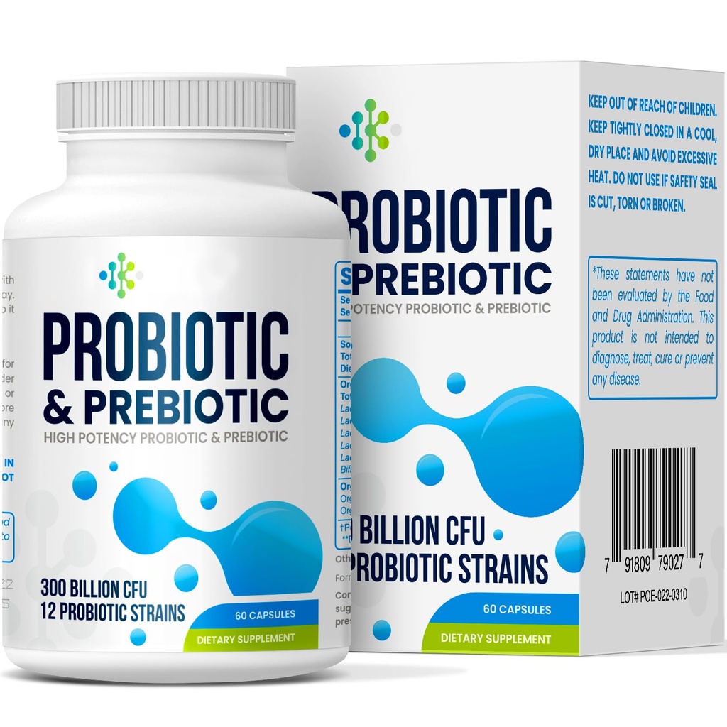 300 Billion CFU, 16-in-1 Prebiotics and Probiotics for Women & Men, 60 Caps | 12 Strains Probiotics + 4 Organic Prebiotics, Pre and Probiotics for Digestive, Immune, Bloating, Gut Health, Shelf Stable