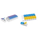 Ezy Dose 7-Day AM/PM Pill Planners with Push Buttons, 2 Pack of Weekly Medicine Organizers with Blue, Purple and Yellow Lids