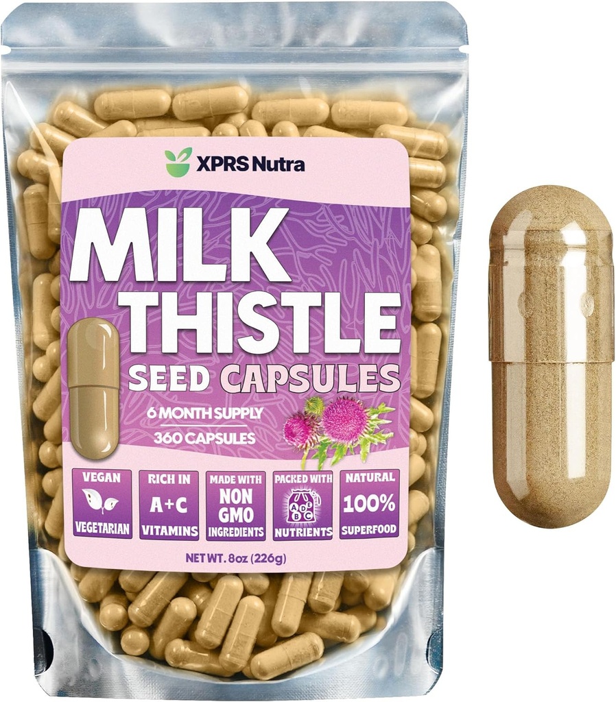 Milk Thistle Seed Capsules - 360 Tel (6 maanden levering) Premium Milk Thistle Supplement Rijk aan Silymarin ter ondersteuning van de lever en spijsvertering - Pure, niet-GMO Cardo Mariano Milk Thistle Pillen