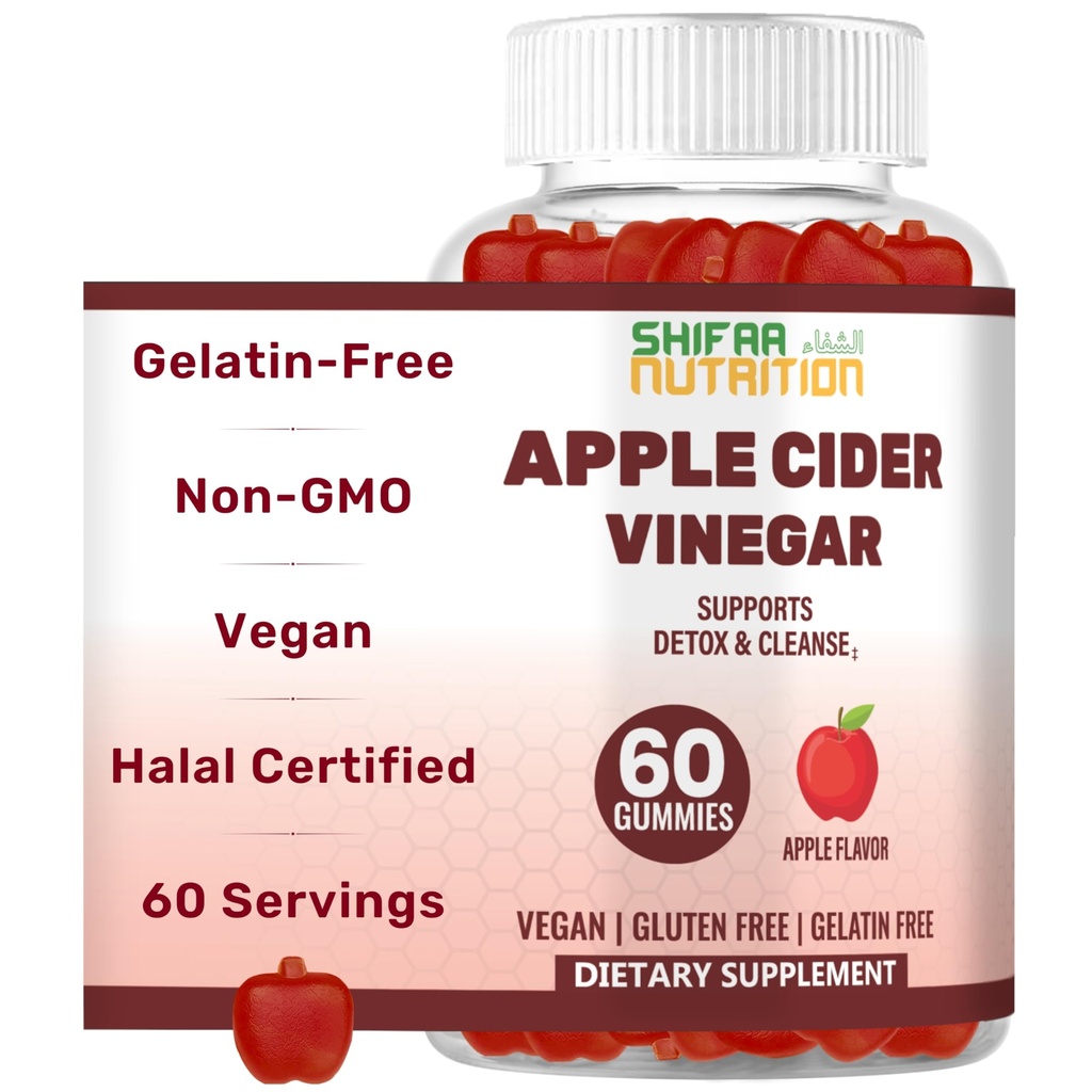 SHIFAA NUTRITION Halal Apple Cider Vinegar Gummies. Cleanse & Detox ACV Gummies for Immune Support & Digestion. Vegan, Non-GMO, Keto Friendly, Gelatin Free Apple Cider. 60 Count, 60 Servings
