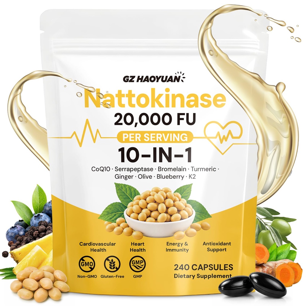Nattokinase Supplement 20,000 FU, Triple Enzyme Complex with Serrapeptase & Bromelain, CoQ10, Vitamin K2, Turmeric, Botanical Extracts, Heart & Circulation Support, Healthy Aging,Non-GMO,240 Capsules