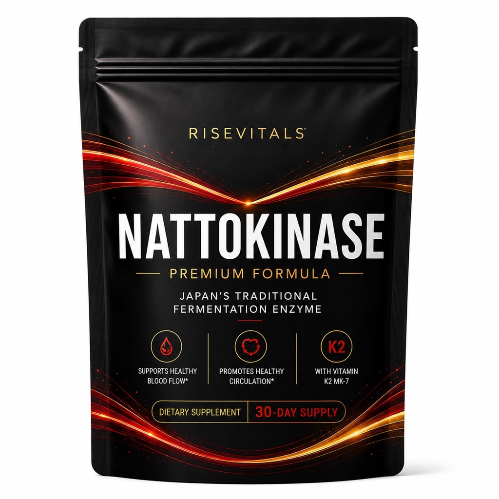 RISEVITALS Nattokinase Premium Formula with Vitamin K2 MK-7 – Fermented Enzyme Supplement for Daily Wellness Support, Daily Use for Adults, 60 Count