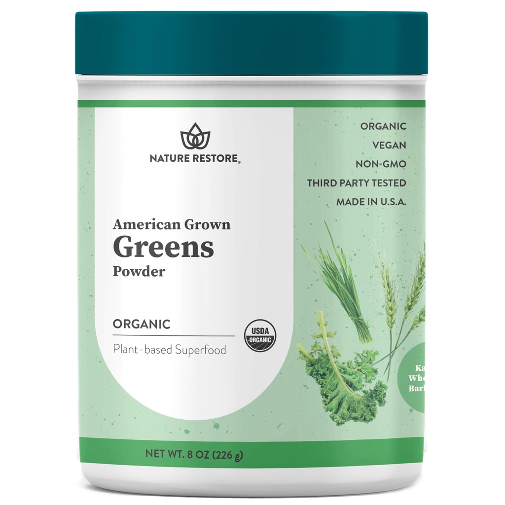 Nature Restore Organic Greens Powder (8 oz). 100% Pure Grown in USA Kale, Wheatgrass & Barleygrass. Alkalizing Morning Green Juice Shot & Digestive Support. No-Mess Juicer Alternative, Gluten-Free