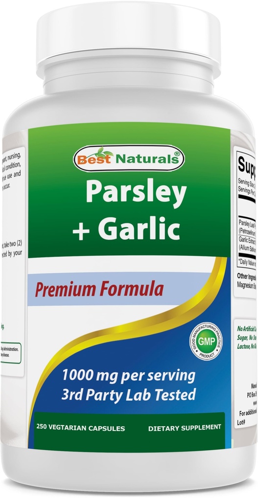 Beste natuurlijke Peterselie en Knoflook 1000 mg per portie 250 vegetarische capsules. Glutenvrij en niet-GMO.