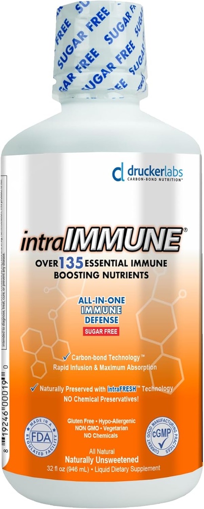 Drucker Labs -intraIMMUNE Biologische Liquid Daily Immune & Defense Support, Multivitamine, Vlierbes, Echinacea, Zink, Vitamine D, C E, Vegan, Non GMO, Glutenvrij (32 oz., Suikervrij Perzik)