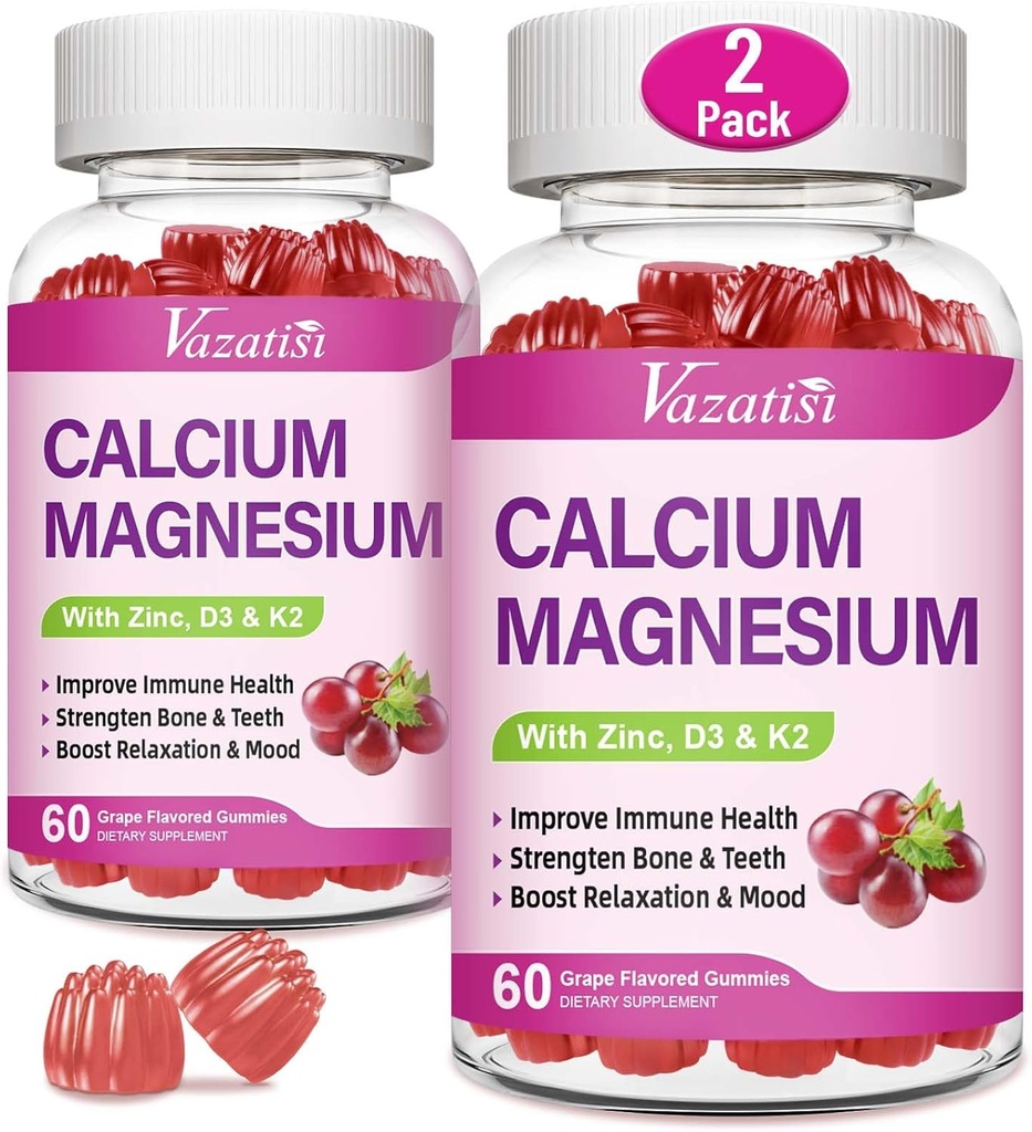 Calcium Magnesium Zinc Gummies with Vitamin D3 & K2, High Absorption Magnesium Glycinate Potassium for Immune and Calm Mood, Grape Flavor 120 Gummies