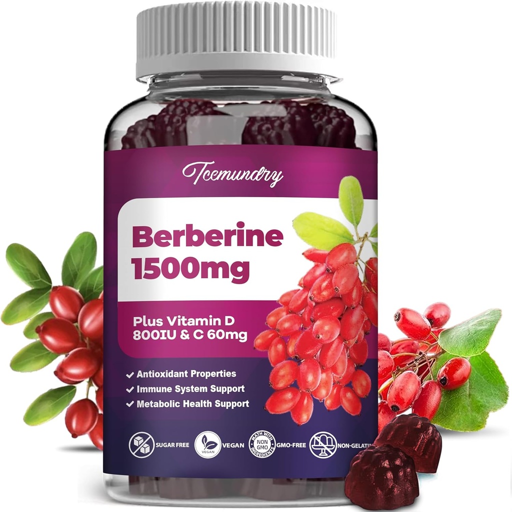 Berberine Gummies 1500 mg van Indian Barberry Root High Potency met vitamine D & vitamine C supplement